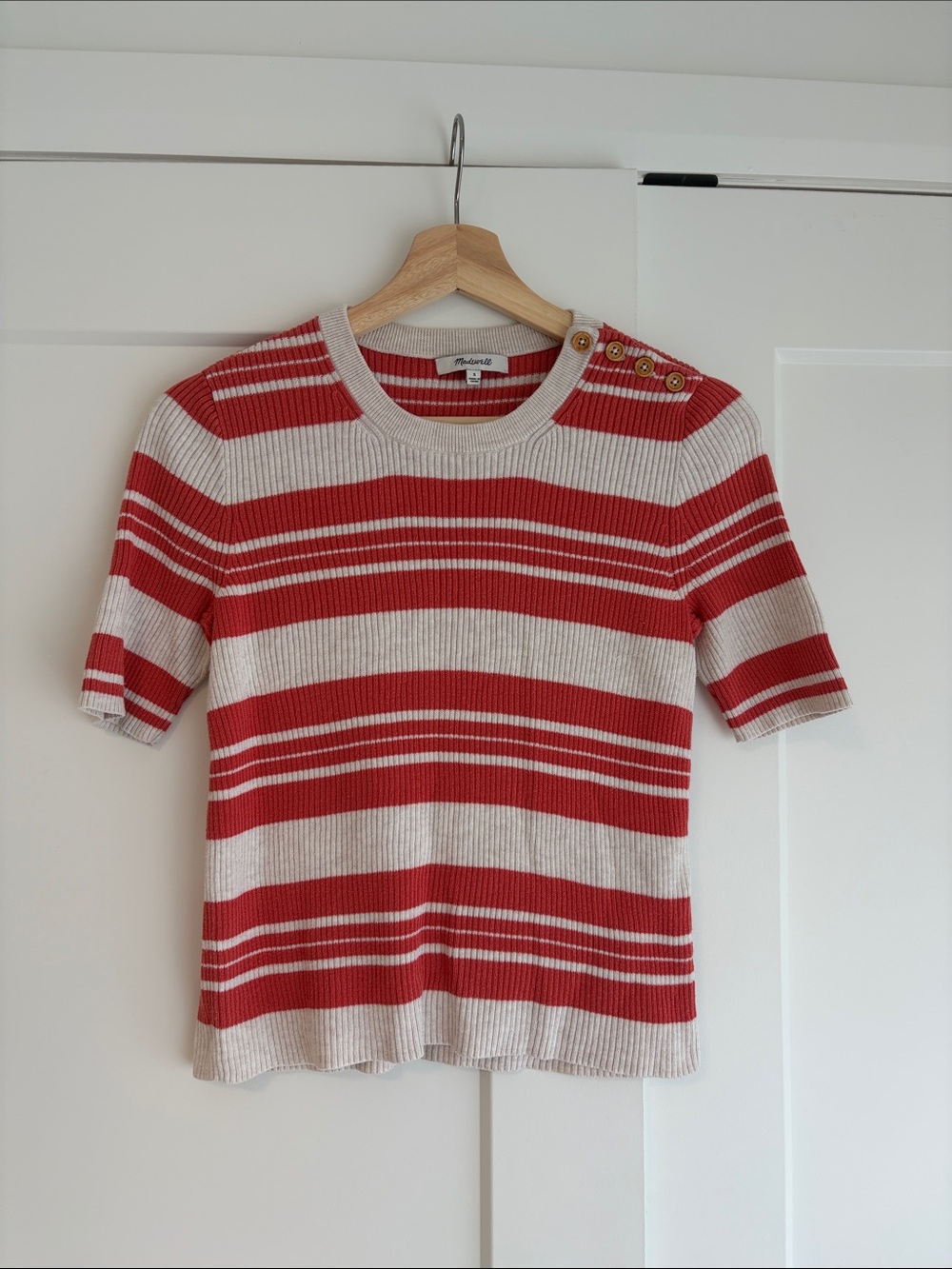 Madewell Red and Cream Striped Short Sleeve Knit Top with Shoulder Buttons